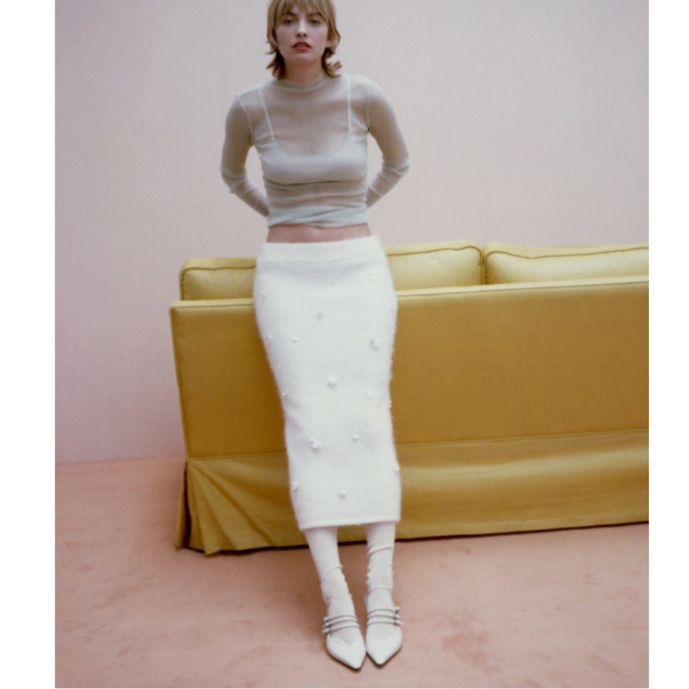Zara Sequin embroidered Alpaca Blend Knit Pencil Midi Skirt Ecru white S NWT - Picture 5 of 15